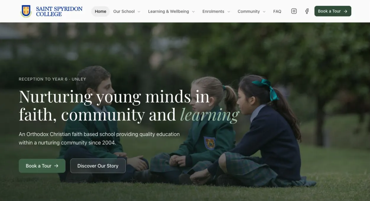 Saint Spyridon College homepage with school photography and links to book a tour and discover its story