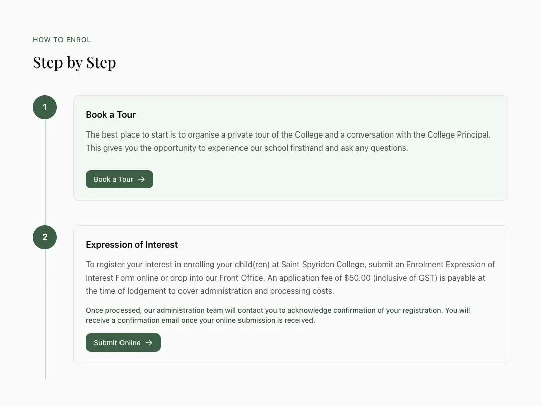 The first two enrolment steps: book a tour and submit an expression of interest online