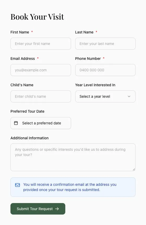 The online school tour request form, including contact details and a preferred date