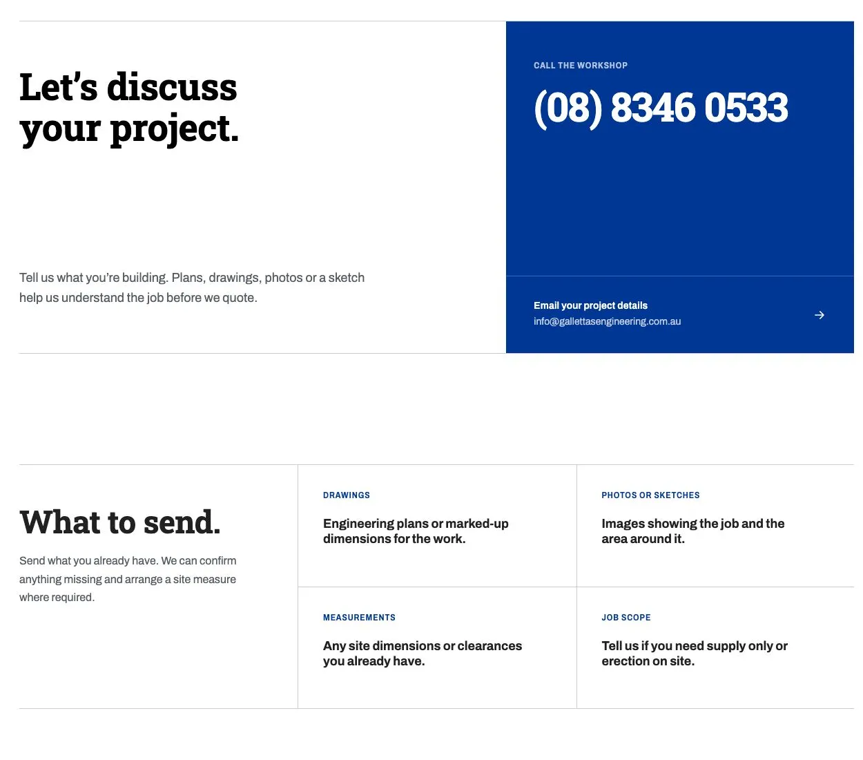Gallettas Engineering contact page with project enquiry guidance, workshop phone number and email link