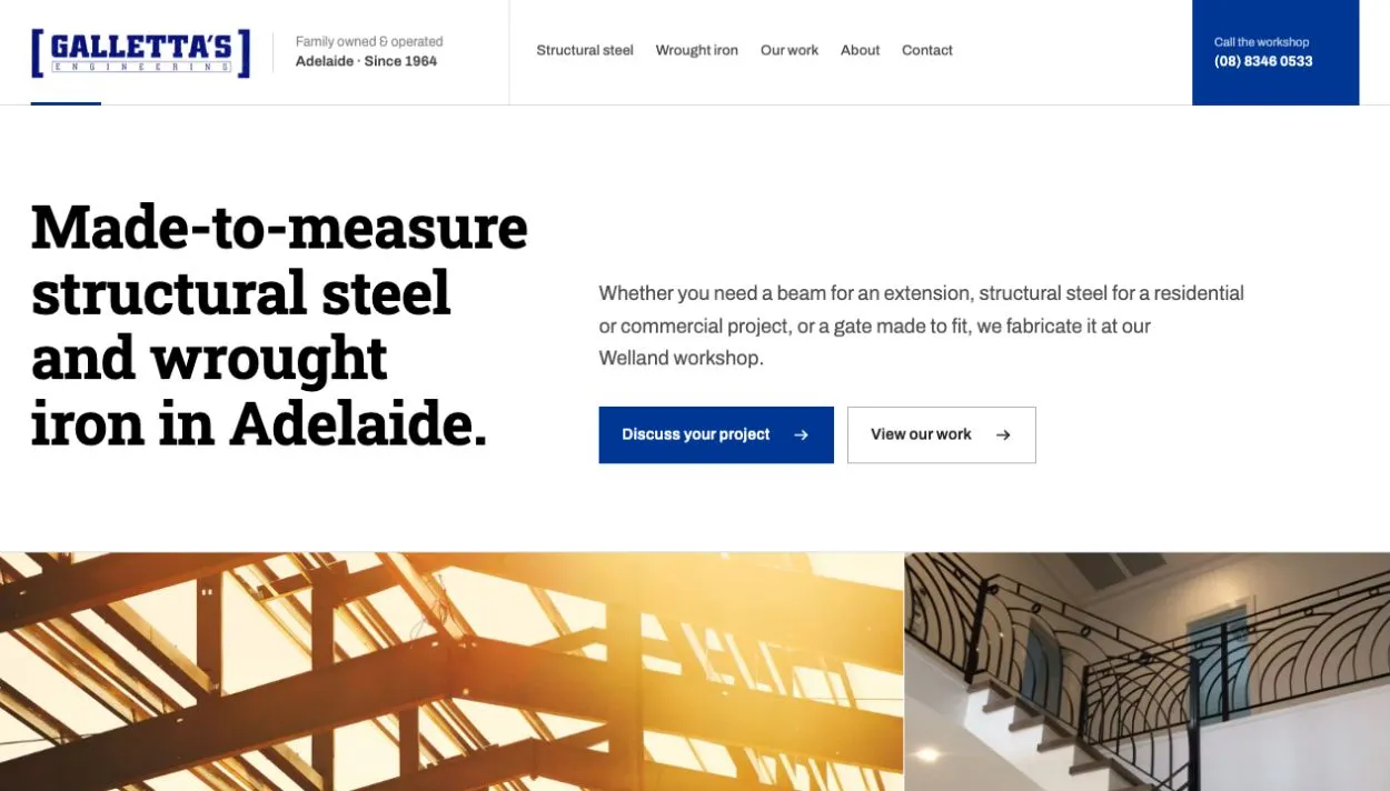 The current Gallettas Engineering homepage introducing its structural steel and wrought iron services