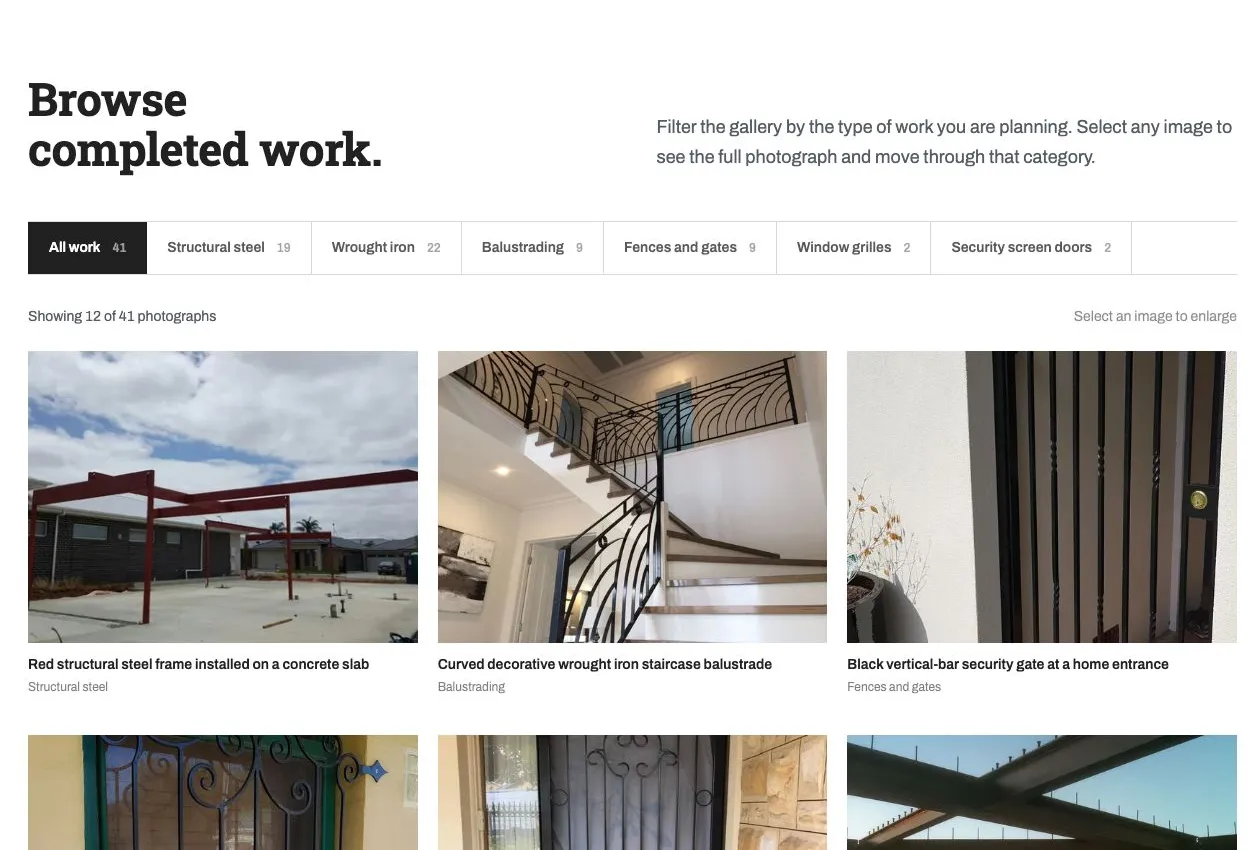 Gallettas Engineering project gallery with category filters and photographs of completed work