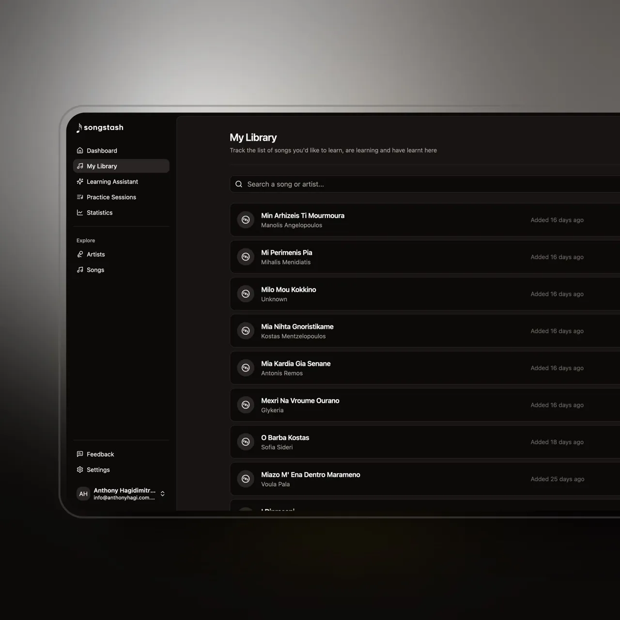 Song Stash App displaying a users songs on a widescreen layout